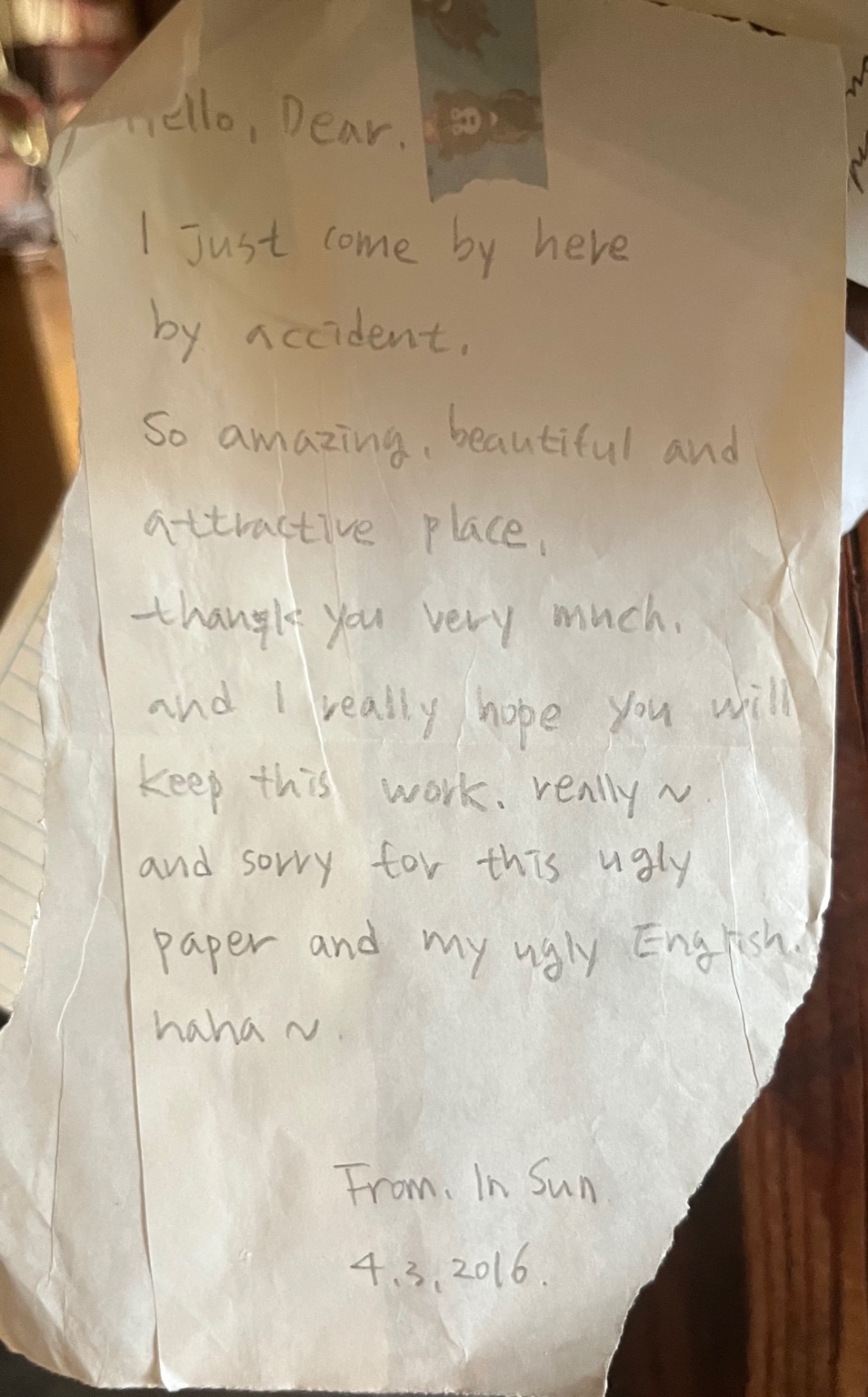 Hand‑written note by visitor – 'Thank you for sharing this magical place with us'